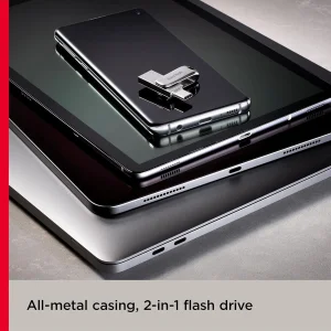 فلش مموری سن دیسک مدل Dual Drive Luxe ظرفیت 128 گیگابایت با طراحی چرخشی، دو رابط USB Type-C و USB Type-A، سرعت انتقال 150 مگابایت بر ثانیه، بدنه فلزی و سازگار با موبایل، تبلت، کامپیوتر و تلویزیون