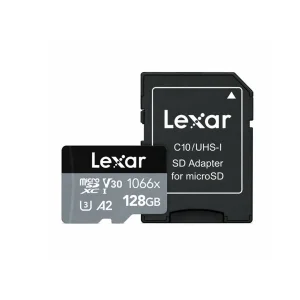 کارت حافظه microSDXC لکسار مدل SILVER PLUS کلاس A2 استاندارد UHS-U3 سرعت 205MBps ظرفیت 128 گیگابایت به همراه آداپتور SD