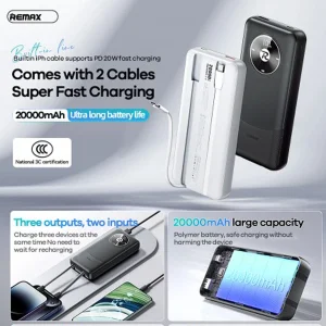 پاوربانک ریمکس مدل Fast Charge 2way ظرفیت 20000 میلی آمپر ساعت به همراه کابل USB-C و لایتنینگ