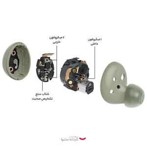 هدفون بلوتوثی سامسونگ مدل Galaxy Buds 2 با نویز کنسلینگ فعال (ANC)، درگاه شارژ USB Type-C، دارای میکروفون داخلی و دو میکروفون خارجی، مقاوم در برابر رطوبت و عرق