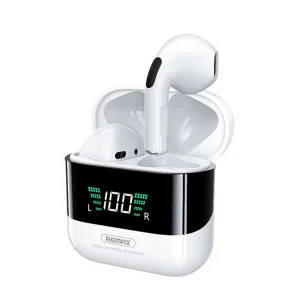 هدفون بلوتوثی ریمکس مدل TWS-10 PLUS فاقد قابلیت نویز کنسلینگ، درگاه شارژ Lightning، پشتیبانی از فرمان لمسی، نمایشگر روی صفحه محفظه شارژ