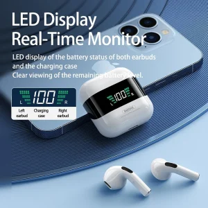 هدفون بلوتوثی ریمکس مدل TWS-10 PLUS فاقد قابلیت نویز کنسلینگ، درگاه شارژ Lightning، پشتیبانی از فرمان لمسی، نمایشگر روی صفحه محفظه شارژ