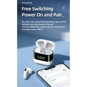 هدفون بلوتوثی ریمکس مدل TWS-10 PLUS فاقد قابلیت نویز کنسلینگ، درگاه شارژ Lightning، پشتیبانی از فرمان لمسی، نمایشگر روی صفحه محفظه شارژ