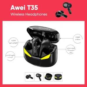 هدفون بلوتوثی اوی T35 با نویز کنسلینگ فعال (ANC)، درگاه شارژ USB Type-C، دارای نمایشگر روی محفظه شارژ، مقاوم در برابر رطوبت و عرق