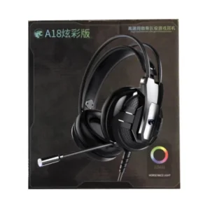 هدست گیمینگ مدل RGB-A18 بدون قابلیت نویز کنسلینگ، جک 3.5 میلی‌متری صدا، دارای میکروفون با قابلیت چرخش، کلید افزایش و کاهش صدا، چراغ LED