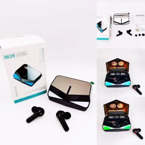 هدفون بلوتوثی داماکس مدل M28-C-Damax بدون قابلیت نویز کنسلینگ، درگاه شارژ USB Type-C، دارای نشانگر LED، نشانگر باتری روی محفظه شارژر