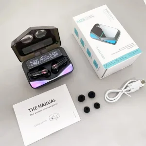 هدفون بلوتوثی داماکس مدل M28-C-Damax بدون قابلیت نویز کنسلینگ، درگاه شارژ USB Type-C، دارای نشانگر LED، نشانگر باتری روی محفظه شارژر