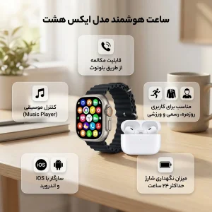 ساعت هوشمند 49 میلی متری یونیک مدل ایکس هشت با بند سیلیکونی به همراه هدفون بلوتوثی