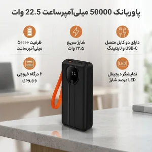 پاوربانک 22.5 وات مدل 50000 22.5w-fast ظرفیت 50000 میلی‌آمپرساعت به همراه دو کابل متصل USB-C و لایتنینگ