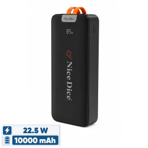 پاوربانک نایس دایس 22.5 وات مدل 124 ظرفیت 10000 میلی‌آمپرساعت به همراه دو کابل متصل USB-C و لایتنینگ