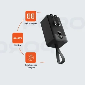 پاوربانک پرودو مدل Integrated Cables ظرفیت 50000 میلی آمپر بر ساعت