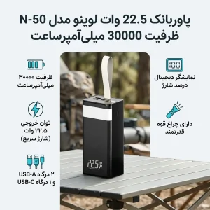 پاوربانک 22.5 وات لوینو مدل N-50 ظرفیت 30000 میلی‌آمپرساعت