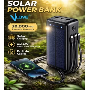 پاوربانک خورشیدی بی سیم 22.5وات وی لاو مدل V28 ظرفیت 30000میلی آمپر ساعت به هراه سه عدد کابل usb-c / لایتنینگ /MicroUSB