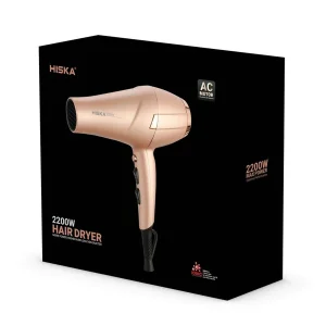 سشوار برس‌دار حرفه‌ای هیسکا مدل H5257 با موتور AC، توان 2200 وات، سه حالت دما، دو سرعت، فناوری یون‌ساز، خشک‌کن سریع، همراه با متمرکزکننده باریک و پهن