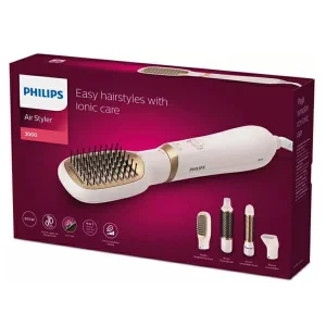 سشوار برس‌دار حالت‌دهنده 800 وات فیلیپس مدل BHA310، موتور DC، وزن 300 گرم، دارای سری متمرکز‌کننده پهن، سری برس‌دار گرد باریک، سری برس‌دار گرد پهن، سری برس‌دار تخت با ویژگی صاف‌کنندگی، حجم‌دهندگی، با قابلیت باد سرد، فناوری تولید یون، سیم گردان
