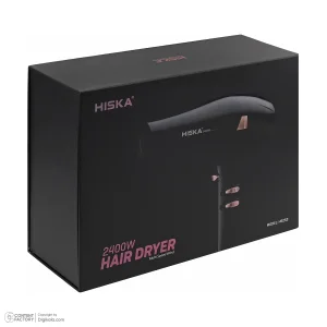 سشوار حرفه‌ای 2400 وات هیسکا مدل H5253، موتور AC، وزن 1100 گرم، المنت سرامیک تورمالین، دارای سری متمرکز‌کننده باریک، متمرکز‌کننده پهن با ویژگی فرکنندگی، صاف‌کنندگی، حجم‌دهندگی، با قابلیت باد سرد
