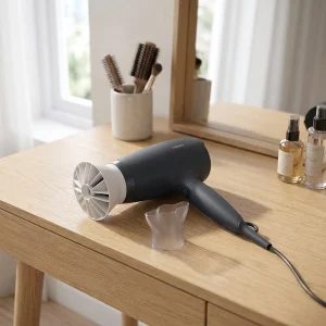 سشوار خانگی 1600 وات فیلیپس مدل BHD302، موتور DC، وزن 280 گرم، دارای سری متمرکز‌کننده باریک، خشک‌کن ملایم با ویژگی صاف‌کنندگی، با قابلیت باد سرد