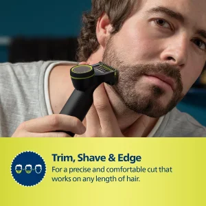 ماشین اصلاح موی صورت فیلیپس مدل QP6530/23 با تیغه استیل ضدزنگ، خط زن و صفرزن، ضدآب، استفاده خشک و مرطوب، شانه اصلاح مدرج 12 درجه (0.5 تا 9 میلی‌متر)، شارژ 1 ساعته برای 90 دقیقه استفاده و طراحی ارگونومیک