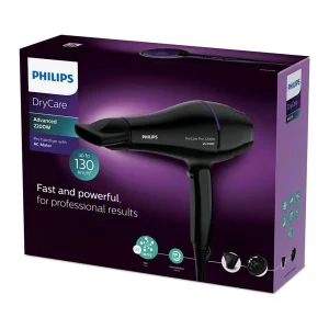 سشوار حرفه‌ای 2200 وات فیلیپس مدل Advanced 2200w، موتور AC، وزن 400 گرم، المنت تیتانیوم، دارای سری دیسپانسر، متمرکز‌کننده پهن با ویژگی صاف‌کنندگی، حجم‌دهندگی، با قابلیت فناوری تولید یون