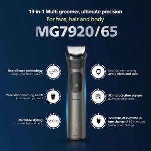 ماشین اصلاح موی صورت فیلیپس مدل MG7920 با باتری 1200 میلی‌آمپر، تیغه تریم، ضد آب و قابل استفاده زیر دوش، شارژ سریع USB و طراحی ارگونومیک با شانه قابل تنظیم دستی