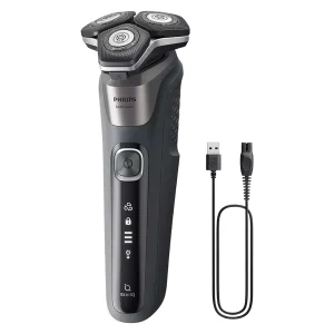ماشین اصلاح موی صورت فیلیپس مدل SHAVER 5000 Series با تیغه‌های کربن استیل، سنسور هوشمند، سرهای انعطاف‌پذیر 360 درجه، ضد آب، قابلیت اصلاح با شماره صفر، شارژ سریع و منبع انرژی کابل USB