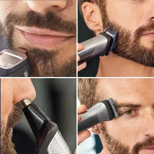 ست ماشین اصلاح موی صورت و بدن فیلیپس مدل Norelco MG7750/49 با تیغه استیل پیشرفته خودتیز شونده، مقاوم در برابر آب، شارژ سریع 5 دقیقه‌ای، باتری لیتیوم آیون با 5 ساعت استفاده، 14 شانه متنوع و تکنولوژی DualCut، مدل بالا سری نورلکو 7000