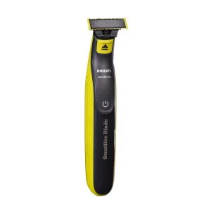 ماشین اصلاح موی صورت و بدن فیلیپس مدل OneBlade Sensitive با تیغه تیتانیوم پیشرفته، طراحی ارگونومیک، مقاوم در برابر آب، قابلیت اصلاح با شماره صفر، استفاده به صورت خشک و مرطوب