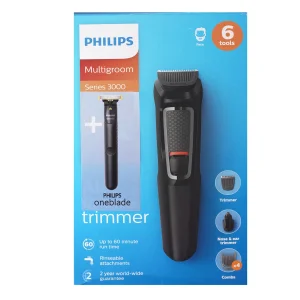 ست ماشین اصلاح موی صورت، سر و بدن فیلیپس مدل Series3000 با ماشین اصلاح وان بلید، طراحی ارگونومیک، ضد آب، باتری قابل شارژ، شانه قابل تنظیم دستی، همراه با سری موزن بینی و کیف نگهداری