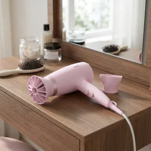 سشوار حرفه‌ای فیلیپس مدل BHD388 با توان 2100 وات، تنظیمات دما سه حالته، تنظیم سرعت دو سرعته، دارای دو سری متمرکزکننده پهن و باریک، خشک‌کنندگی قوی، حجم‌دهندگی و کاهش وز مو