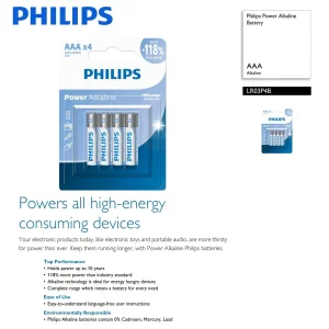 باتری نیم قلمی فیلیپس مدل Power Alkaline LR03P4B بسته چهار عددی