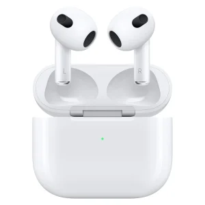 هدفون بلوتوثی اپل مدل AirPods 3 با نویز کنسلینگ میکروفون (ENC)، درگاه شارژ لایتنینگ، دارای سنسور تشخیص پوست و پشتیبانی از فرمان لمسی، مقاوم در برابر رطوبت و عرق