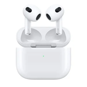 هدفون بلوتوثی اپل مدل AirPods 3 با نویز کنسلینگ میکروفون (ENC)، درگاه شارژ لایتنینگ، دارای سنسور تشخیص پوست و پشتیبانی از فرمان لمسی، مقاوم در برابر رطوبت و عرق
