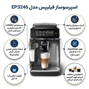 اسپرسو ساز خانگی 1.8 لیتری فیلیپس مدل EP3246، تمام اتوماتیک با مصرف پودر قهوه و دانه قهوه، مناسب تهیه اسپرسو، کافه لاته، کاپوچینو و امریکانو، دارای دو عدد نازل قهوه، آسیاب قهوه، مکانیزم نظافت خودکار و سیستم گرم کردن فنجان
