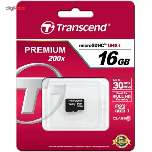 کارت حافظه‌ microSDHC ترنسند مدل Premium کلاس 10 استاندارد UHS-I U1 سرعت 30MBps 200X ظرفیت 16 گیگابایت