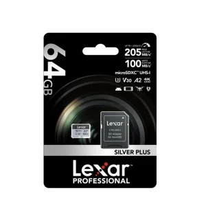کارت حافظه microSDXC لکسار مدل SILVER PLUS کلاس A2 استاندارد UHS-U3 سرعت 205MBps ظرفیت 64 گیگابایت به همراه آداپتور SD
