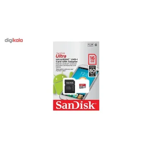 کارت حافظه microSDHC سن دیسک مدل Ultra کلاس 10 استاندارد UHS-I U1 سرعت 80MBps همراه با آداپتور ظرفیت 16 گیگابایت