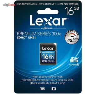 کارت حافظه SDHC لکسار مدل Premium کلاس 10 استاندارد UHS-I U1 سرعت 45MBps 300X ظرفیت 16 گیگابایت