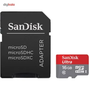 کارت حافظه microSDHC سن دیسک مدل Ultra کلاس 10 استاندارد UHS-I U1 سرعت 80MBps همراه با آداپتور SD ظرفیت 16 گیگابایت