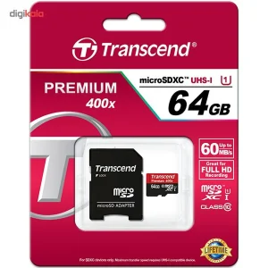کارت حافظه microSDXC ترنسند مدل Premium کلاس 10 استاندارد UHS-I U1 سرعت 60MBps 400X همراه با آداپتور SD ظرفیت 64 گیگابایت