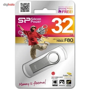 فلش مموری 32 گیگابایت سیلیکون پاور مدل Firma F80 با رابط USB 2.0، بدنه آلیاژ روی بدون درب و مقاوم در برابر شوک و لرزش