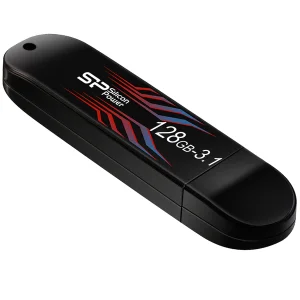 فلش مموری 128 گیگابایت سیلیکون پاور مدل Blaze B10 با رابط USB سه‌نقطه‌یک، سازگار با USB یک‌نقطه‌یک، USB دو‌نقطه‌صفر و USB سه‌نقطه‌صفر، دارای نشانگر LED و خطوط بدنه تغییررنگ‌دهنده در دمای بالاتر از 31 درجه سانتی‌گراد
