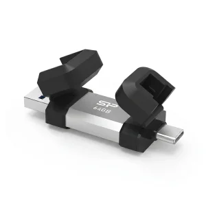فلش مموری OTG سیلیکون پاور مدل C51 ظرفیت 64 گیگابایت با رابط USB 3.2 Type-A و Type-C، مقاوم در برابر شوک و لرزش، سازگار با اندروید، iOS، ویندوز، مک و لینوکس