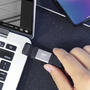 فلش مموری OTG سیلیکون پاور مدل C51 ظرفیت 64 گیگابایت با رابط USB 3.2 Type-A و Type-C، مقاوم در برابر شوک و لرزش، سازگار با اندروید، iOS، ویندوز، مک و لینوکس