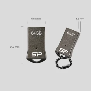 فلش مموری سیلیکون پاور مدل Touch T01 ظرفیت 64 گیگابایت حافظه مقاوم ضد آب، ضد شوک و گردوغبار با طراحی فشرده و فناوری COB، ابعاد کوچک و زنجیر محافظ، سازگار با USB 2.0 و انواع سیستم‌عامل‌ها