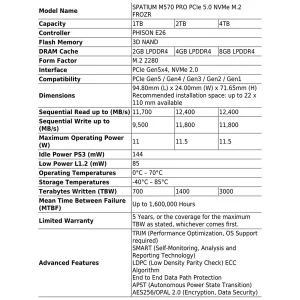 اس اس دی اینترنال PCIe Gen5 x4 ام اس آی مدل SPATIUM M570 PRO FROZR ظرفیت 2 ترابایت
