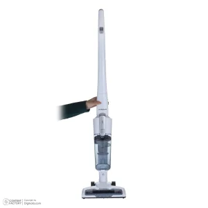جارو شارژی عصایی ایکس‌ویژن مدل SVC-2950 باتری لیتیوم‌یونی 2000 میلی‌آمپر، موتور 140 وات با توان مکش 8 کیلوپاسکال، فیلتر HEPA قابل شست‌وشو، تنظیم سرعت دو حالته و پایه شارژ دیواری