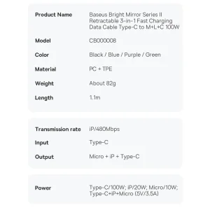 کابل تبدیل USB-C به USB-C/microUSB /لایتنینگ بیسوس مدل Mirror2 100W طول 1.1 متر