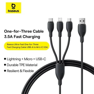 کابل تبدیل USB به لایتنینگ/USB-C/micro-USB بیسوس مدل Ultra-Fast 3.5A طول 1.3 متر