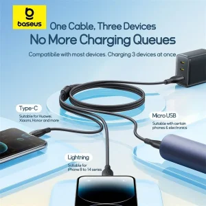 کابل تبدیل USB به لایتنینگ/USB-C/micro-USB بیسوس مدل Ultra-Fast 3.5A طول 1.3 متر