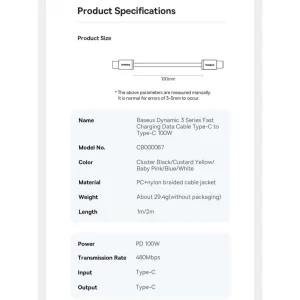 کابل USB-C  بیسوس مدل Dynamic 3 Series 100W طول 1 متر